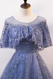 Blue Tulle Sequins Long Prom Dress, A-Line Blue Evening Dress HZ0429