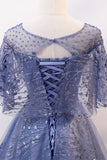 Blue Tulle Sequins Long Prom Dress, A-Line Blue Evening Dress HZ0429
