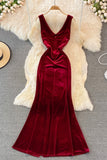 Simple V-Neck Velvet Long Dresses HZ0429