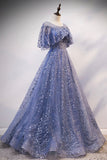 Blue Tulle Sequins Long Prom Dress, A-Line Blue Evening Dress HZ0429