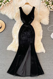 Simple V-Neck Velvet Long Dresses HZ0429