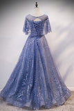 Blue Tulle Sequins Long Prom Dress, A-Line Blue Evening Dress HZ0429