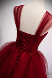 Burgundy Tulle Long A-Line Prom Dress, Burgundy Evening Party Dress HZ0429