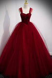 Burgundy Tulle Long A-Line Prom Dress, Burgundy Evening Party Dress HZ0429