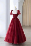 Burgundy Tulle Beaded Long Prom Dress, A-Line Formal Evening Dress HZ0429