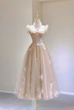 Champagne Lace Tea Length Prom Dresses, A-Line Evening Dresses HZ0429