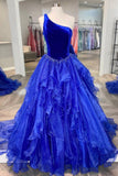 Blue Velvet Tulle One Shoulder Prom Dress, Blue Floor Length Evening Dress HZ0429