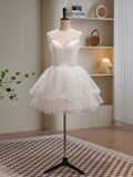 White Spaghetti Strap Tulle Short Prom Dress, Cute A-Line Party Dress HZ0429
