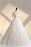Ivory Tulle Off the Shoulder Formal Gown, Elegant A-Line Wedding Dress HZ0429