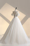 Ivory Tulle Off the Shoulder Formal Gown, Elegant A-Line Wedding Dress HZ0429