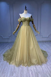 Green Tulle Long A-Line Prom Dress, Off the Shoulder Evening Party Dress HZ0429