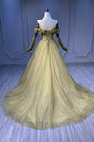 Green Tulle Long A-Line Prom Dress, Off the Shoulder Evening Party Dress HZ0429