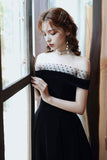 Cute Velvet A-Line Tea Length Prom Dresses, Black Party Dresses HZ0429