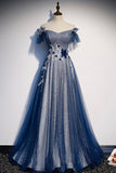 Blue Tulle Sequins Long Prom Dress, A-Line Evening Dress HZ0429