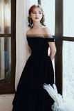 Cute Velvet A-Line Tea Length Prom Dresses, Black Party Dresses HZ0429