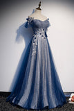 Blue Tulle Sequins Long Prom Dress, A-Line Evening Dress HZ0429