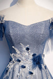 Blue Tulle Sequins Long Prom Dress, A-Line Evening Dress HZ0429