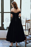 Cute Velvet A-Line Tea Length Prom Dresses, Black Party Dresses HZ0429