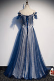 Blue Tulle Sequins Long Prom Dress, A-Line Evening Dress HZ0429
