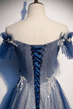 Blue Tulle Sequins Long Prom Dress, A-Line Evening Dress HZ0429