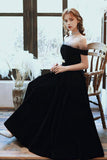Cute Velvet A-Line Tea Length Prom Dresses, Black Party Dresses HZ0429