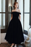 Cute Velvet A-Line Tea Length Prom Dresses, Black Party Dresses HZ0429