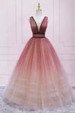 Cute Ombre Tulle V-Neck Long Party Dress, A-line Prom Dress HZ0429