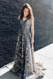 A-Line Tulle Sequins Long Prom Dresses, V-Neck Evening Dresses HZ0429