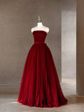 Burgundy Strapless Tulle Long Prom Dress, A-Line Backless Evening Party Dress HZ0429