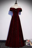 Burgundy Velvet Long Prom Dresses, Off the Shoulder Evening Dresses HZ0429