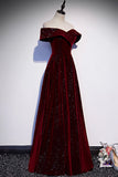 Burgundy Velvet Long Prom Dresses, Off the Shoulder Evening Dresses HZ0429