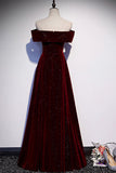 Burgundy Velvet Long Prom Dresses, Off the Shoulder Evening Dresses HZ0429
