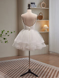 White Spaghetti Strap Tulle Short Prom Dress, Cute A-Line Party Dress HZ0429