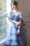 Blue Tulle Short A-Line Prom Dresses, Blue Mini Party Dresses HZ0429