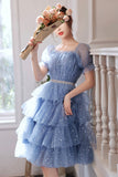 Blue Tulle Short A-Line Prom Dresses, Blue Mini Party Dresses HZ0429