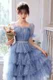 Blue Tulle Short A-Line Prom Dresses, Blue Mini Party Dresses HZ0429