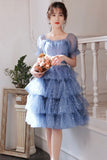 Blue Tulle Short A-Line Prom Dresses, Blue Mini Party Dresses HZ0429