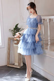 Blue Tulle Short A-Line Prom Dresses, Blue Mini Party Dresses HZ0429