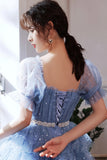 Blue Tulle Short A-Line Prom Dresses, Blue Mini Party Dresses HZ0429