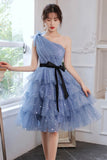 Blue Tulle Short Prom Dresses, One Shoulder Evening Dresses HZ0429