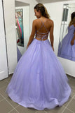Purple Tulle Long A-Line Prom Dress, Purple Backless Evening Dress HZ0429