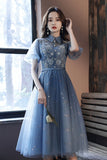 Blue Tulle Lace Short Prom Dresses, A-Line Homecoming Dresses HZ0429