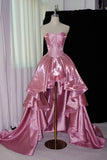 Luxury Strapless Pink Satin Ball Gown, Crystal Beaded Bodice, Princess Prom Evening Gown HZ0429
