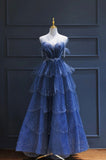 Blue Tulle Beaded Long Senior Prom Dress, A-Line Blue Formal Dress HZ0429