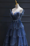 Blue Tulle Beaded Long Senior Prom Dress, A-Line Blue Formal Dress HZ0429
