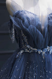 Blue Tulle Beaded Long Senior Prom Dress, A-Line Blue Formal Dress HZ0429