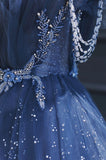 Blue Tulle Beaded Long Senior Prom Dress, A-Line Blue Formal Dress HZ0429