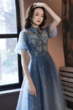 Blue Tulle Lace Short Prom Dresses, A-Line Homecoming Dresses HZ0429