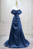 Elegant Navy Blue Off-the-Shoulder Satin Prom Gown with Ruched Bodice HZ0429