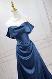 Elegant Navy Blue Off-the-Shoulder Satin Prom Gown with Ruched Bodice HZ0429